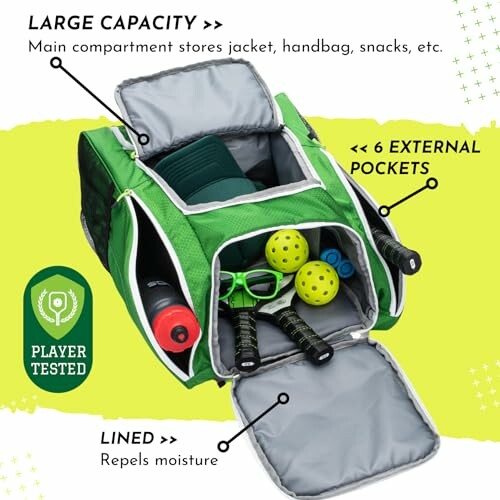 Green backpack with large capacity, six external pockets, and moisture-repelling lining.