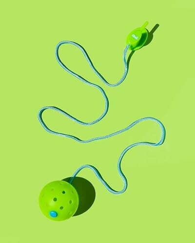 Green ball attached to a blue string on a lime background