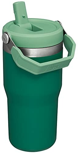 Green insulated travel mug with handle and lid