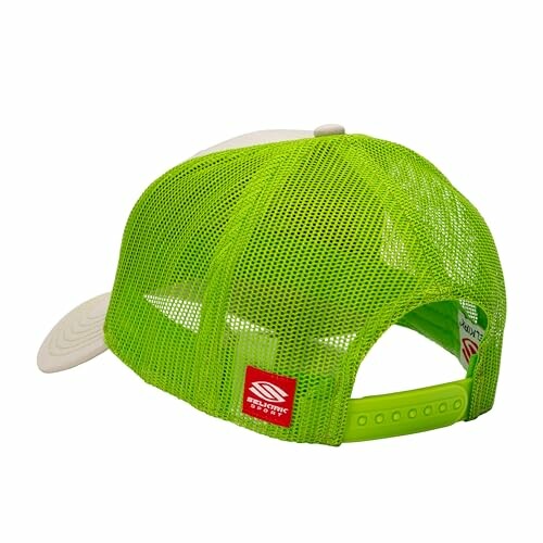 Back view of a green mesh baseball cap with a red logo patch.