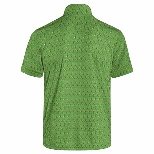 Back view of a green patterned short-sleeve shirt.