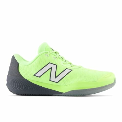 A bright green sports shoe with a logo and grey sole, showcasing its durable construction and comfortable design.