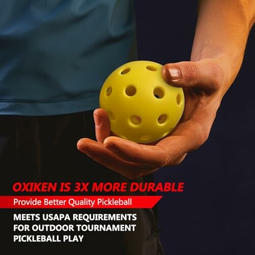 Hand holding a yellow pickleball with text about durability and USAPA requirements.