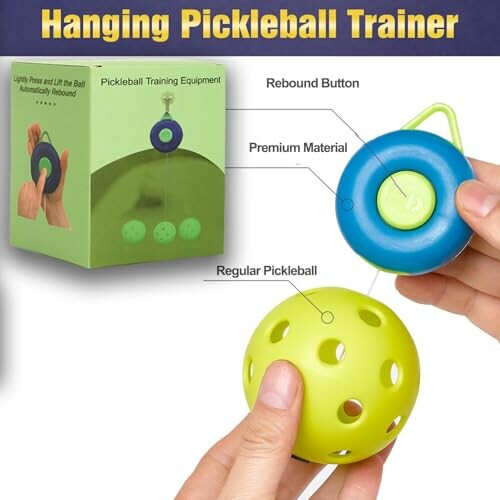 Hanging pickleball trainer with rebound button and pickleball.