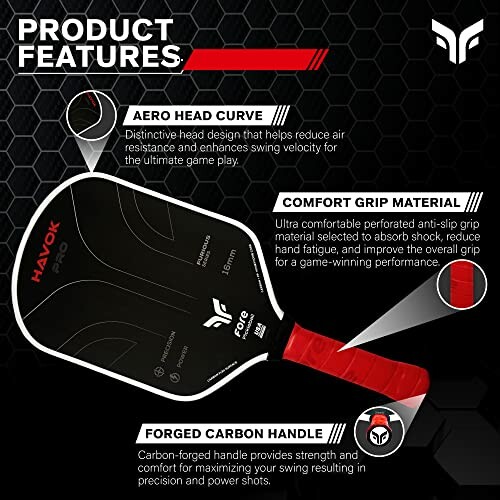 Havok Pro pickleball paddle with aero head curve, comfort grip material, and forged carbon handle.