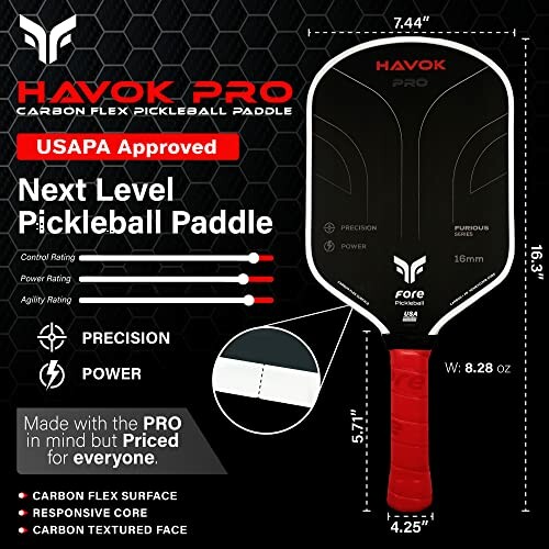 Havok Pro carbon flex pickleball paddle with specs and features.