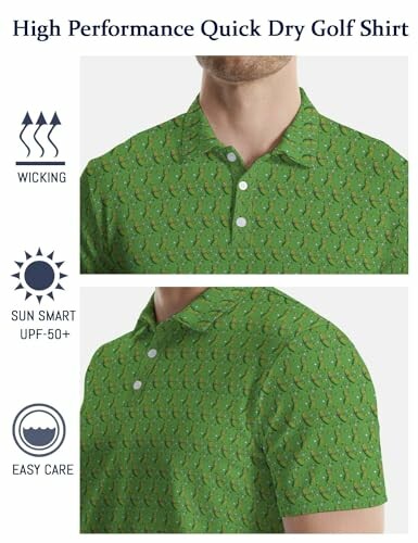 Green patterned quick dry golf shirt with wicking, sun protection, and easy care features.