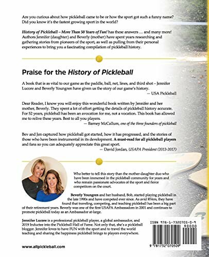 Back cover of the book 'History of Pickleball' with text and author photos.