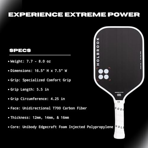 Holbrook pickleball paddle with specifications and features.