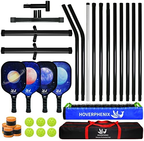 Hoverphenix pickleball set with paddles, balls, net, and carrying case.