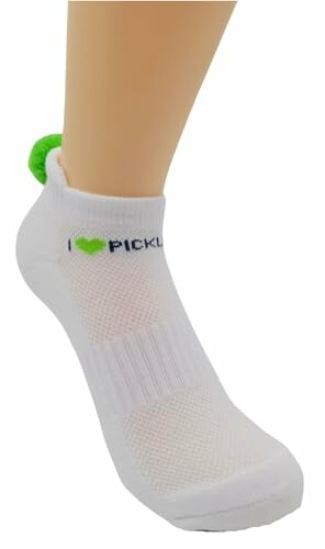 White sock with 'I love pickleball' text on mannequin foot