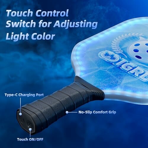 LED-illuminated pickleball paddle with touch control and Type-C charging.