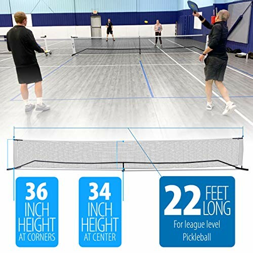 Indoor pickleball game with players and net dimensions highlighted.