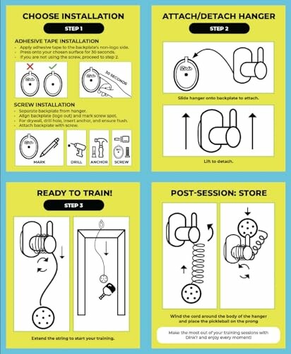 Installation and usage guide for a hanger with adhesive and screw options.