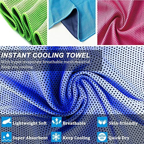 Colorful instant cooling towels with features like lightweight, breathable, skin-friendly, super absorbent, and quick dry.