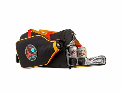 Insulated duffel bag with soft drink cans and storage compartment