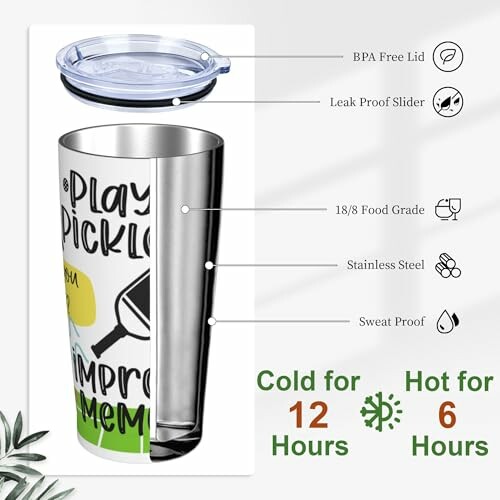 Insulated stainless steel tumbler with leak-proof lid and cold/hot retention features.