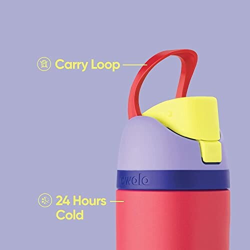 Colorful insulated water bottle with carry loop and cold for 24 hours feature.