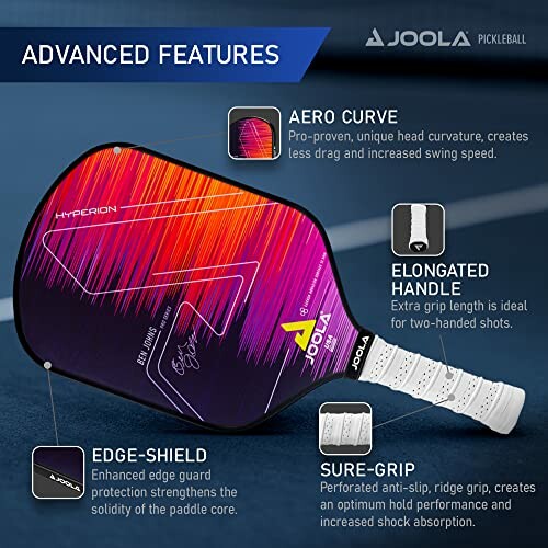 JOOLA pickleball paddle with advanced features highlighted: aero curve, elongated handle, edge-shield, and sure-grip.