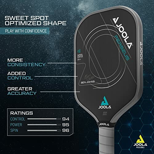 Joola pickleball paddle with ratings for control, power, and spin