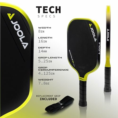 Joola pickleball paddle with technical specifications and replacement grip.