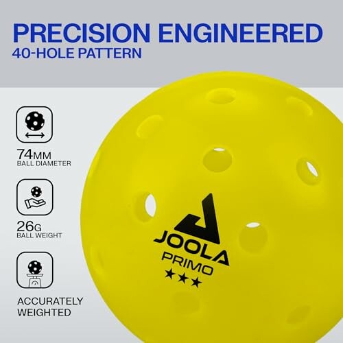 Yellow Joola Primo pickleball with 40-hole pattern and specifications.