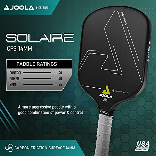 Joola Solaire pickleball paddle with carbon friction surface, ratings for control, power, and spin.