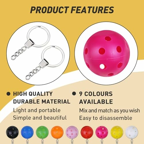 Product features of colorful keychain balls with keyrings.