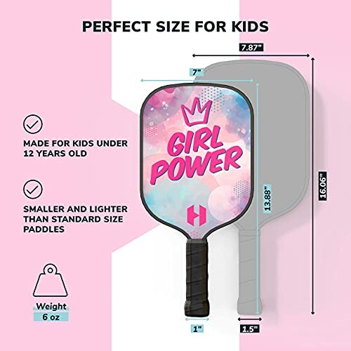 Kids Pickleball Paddle with 'Girl Power' Design and Dimensions