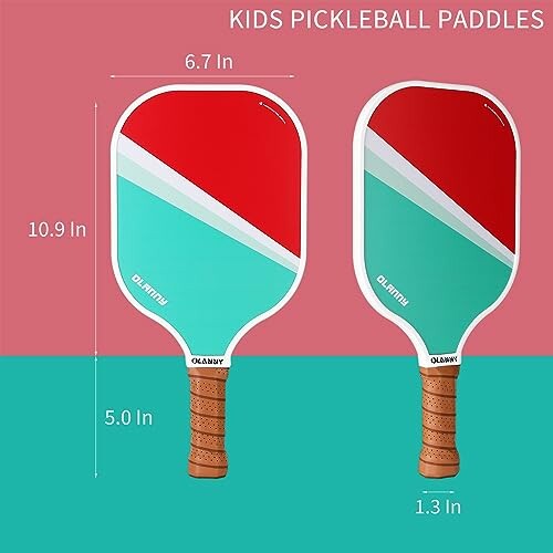 Two colorful kids pickleball paddles with dimensions.