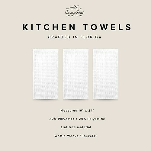 Three waffle weave kitchen towels with product details.