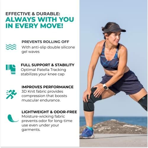 Woman exercising with knee support, highlighting product benefits.