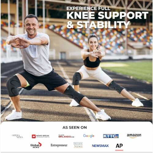 Two people exercising with knee braces on a sports track.