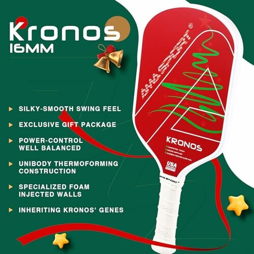 Red Kronos pickleball paddle with features listed.