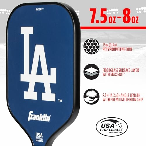 LA logo pickleball paddle with specifications and USA Pickleball approval