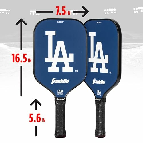 LA pickleball paddle with dimensions labeled.