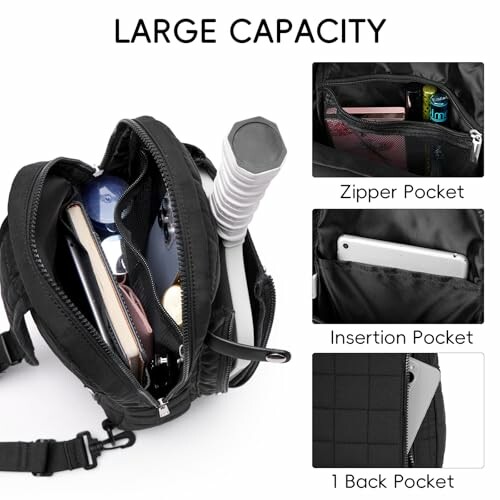 Black backpack showing large capacity with zipper and insertion pockets, containing various items.