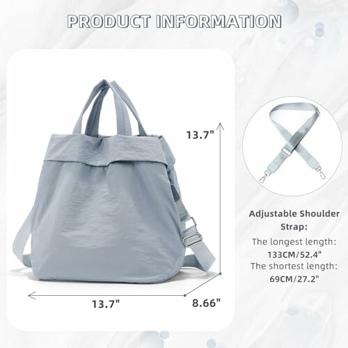 Light gray backpack with adjustable shoulder strap and dimensions displayed.