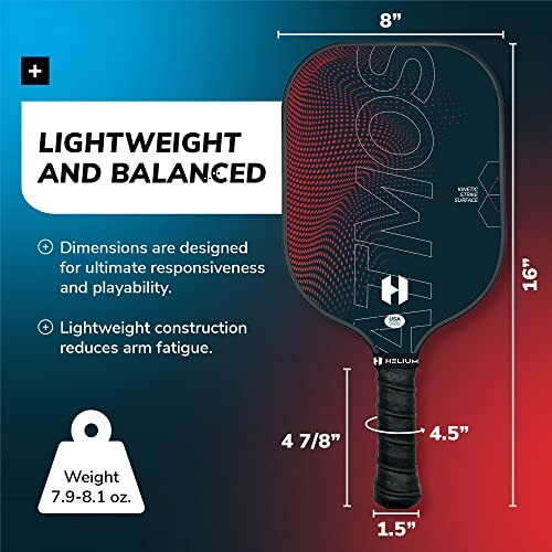 Lightweight pickleball paddle with dimensions and weight details.