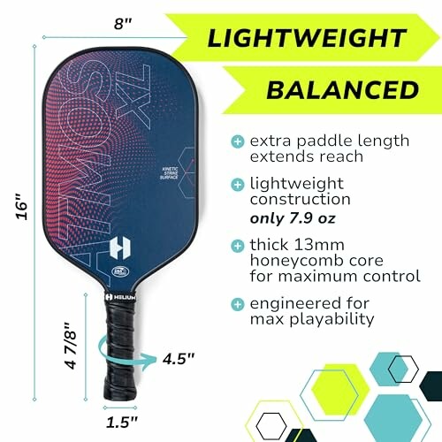 Pickleball paddle with lightweight and balanced design, featuring extra length, honeycomb core, and engineered for playability.