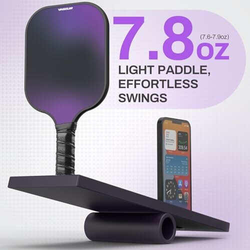 Lightweight paddle balancing on a cylinder with a phone, weight 7.8 oz