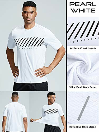 Man wearing a pearl white athletic t-shirt with chest stripe design, featuring athletic chest inserts, silky mesh back panel, and reflective back stripe.