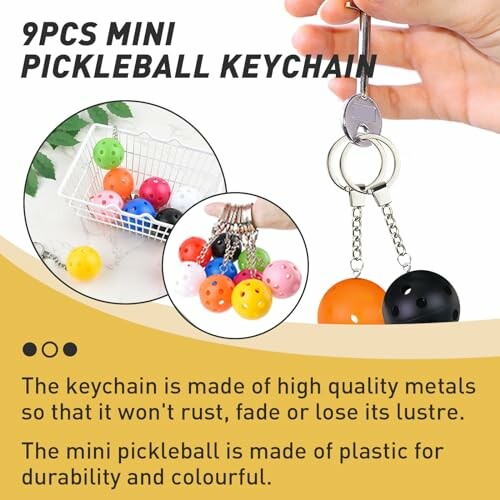 Colorful mini pickleball keychains with metal rings.