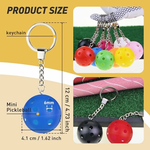 Colorful mini pickleball keychains with product dimensions.