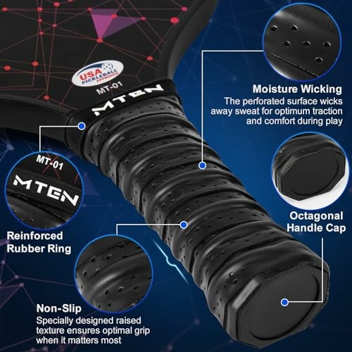 MTEN pickleball paddle grip features including moisture wicking, reinforced rubber ring, non-slip texture, and octagonal handle cap.