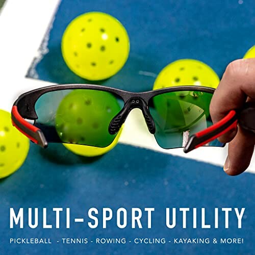 Sports glasses with yellow balls for multi-sport utility.