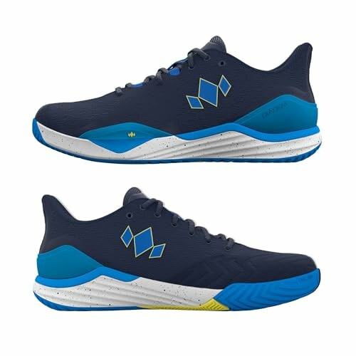 Navy blue tennis shoes with blue and yellow accents