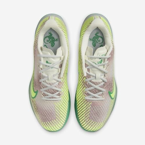 Top view of Nike sneakers in green and yellow with dragon design.