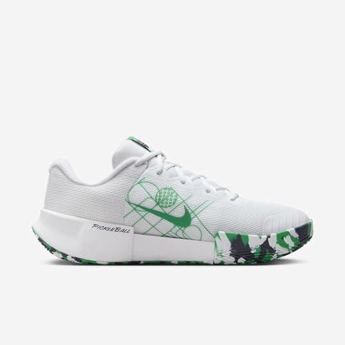 White and green Nike pickleball shoe with patterned sole