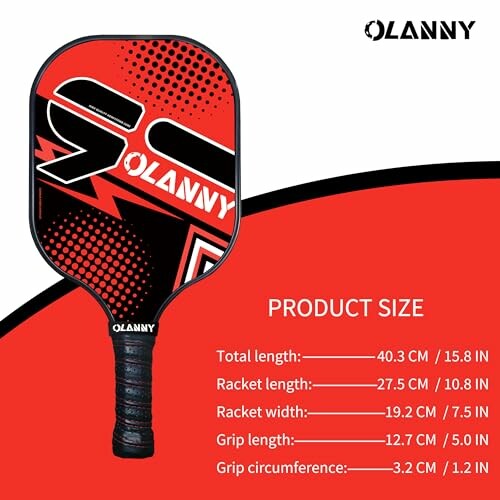 Olanny pickleball paddle with product size details.